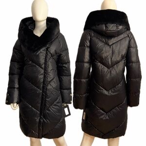 NWT‎ H by HALSTON Black Quilted Puffer Coat Asymmetric Oversized Faux Fur Collar